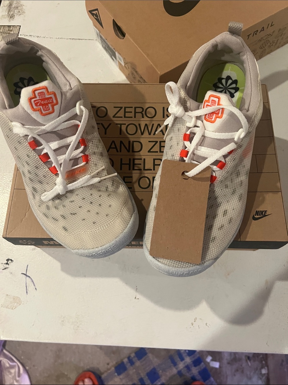 Nike Free Run Trail Crater White Sneakers with Bright Orange Accents